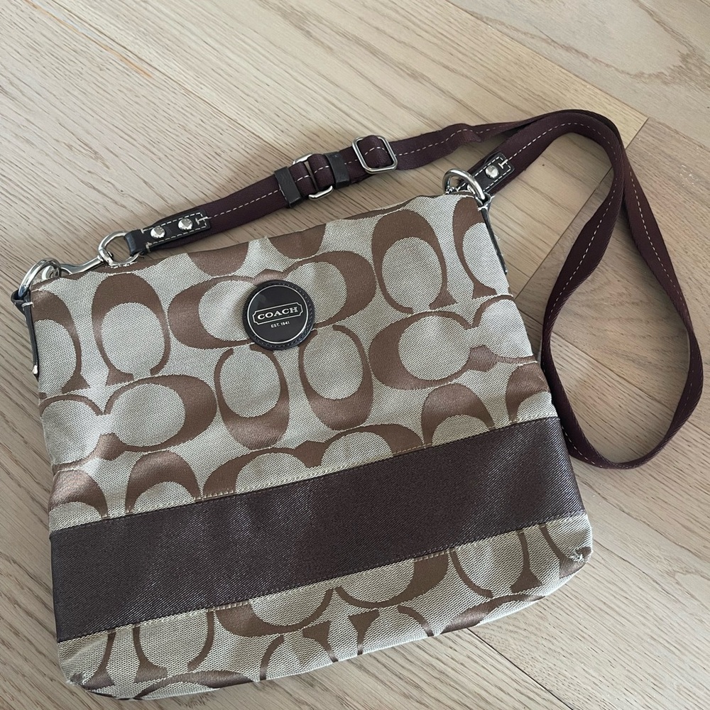 Coach Signature Brown and Cream Crossbody Bag